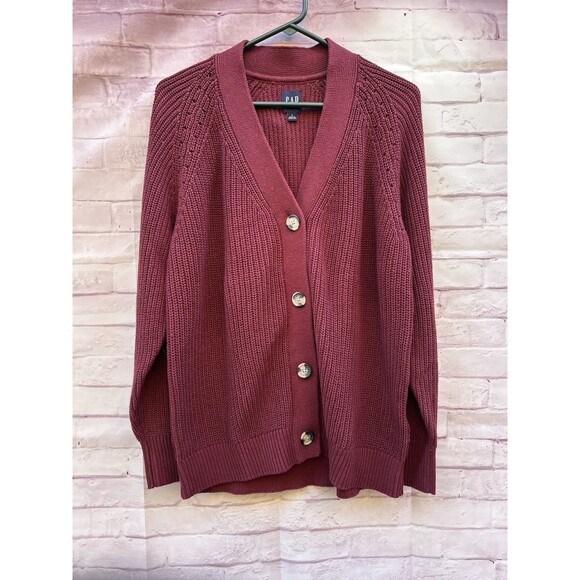 NWT Gap Shaker Stitch Chunky Knit Size L Boyfriend Grandpa Cardigan Burgundy - Picture 2 of 11